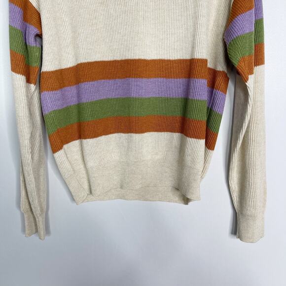 New Gilli Large Cream Orange Green Striped Ribbed Knit Sweater Crew Neck Purple - Picture 11 of 12